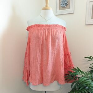 Flawless Off Shoulder Coral Balloon Bell Sleeve Top Small